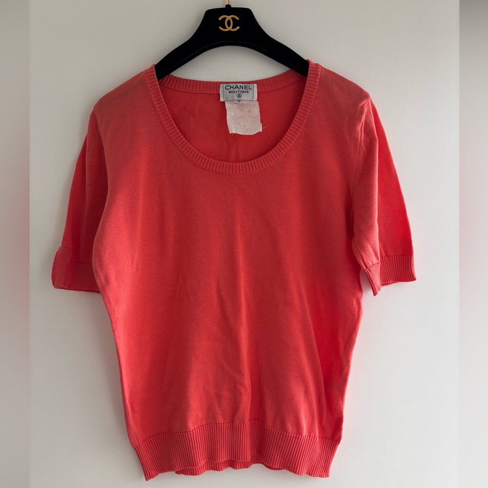 Authentic CHANEL cotton mix pink salmon short sleeve sweater